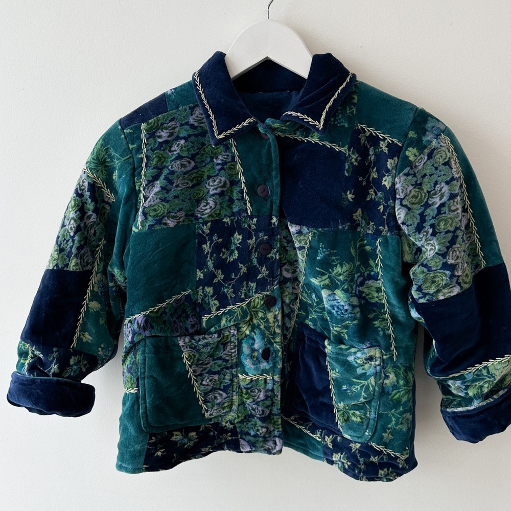 Velour Button Down, Collar Quilted Jacket-Handmade-Lined-Size 5-6 (Measurements)